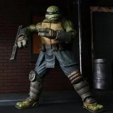 NECA's The Last Ronin action figure in an aggressive pose, holding a spiked tonfa weapon.
