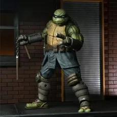 NECA's The Last Ronin action figure in an armored suit, holding nunchaku weapons in his left hand.