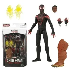 Miles Morales Spider-Man action figure with box, extra hands, unmasked head, venom blast effects, and Build-A-Figure leg.