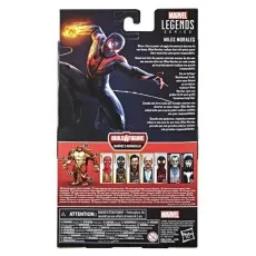 Back of Marvel Legends Miles Morales package showing character bio, Armadillo BAF, and other figures in the wave.