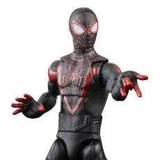 Close-up of the masked Miles Morales Spider-Man action figure, pointing toward the viewer.