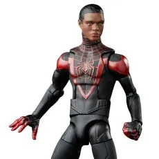Close-up of the Miles Morales action figure in his black and red Spider-Man suit, wearing the unmasked head sculpt..