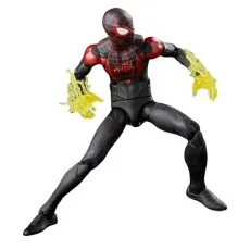 Masked Miles Morales Spider-Man action figure posed with yellow translucent venom blast effects attached to both hands.