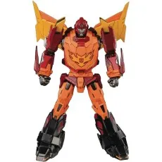 Transformers action figure of Hot Rod (Rodimus) in robot mode, featuring red, orange, yellow, and black colors.