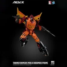 Threezero MDLX Rodimus Prime figure dynamically posed, jumping while holding twin rifles, wings extended.