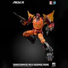 Threezero MDLX Rodimus Prime figure dynamically posed, leaping forward with two rifles in hand.
