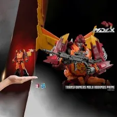 Threezero MDLX Rodimus Prime figure shown for scale, held in a hand next to a large promotional image of the figure.