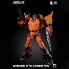 Threezero MDLX Rodimus Prime figure standing dynamically with two rifles, against a dark background.