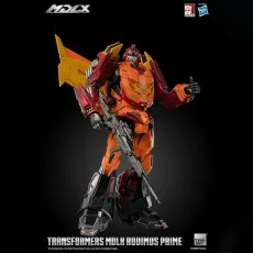 Threezero MDLX Rodimus Prime figure standing with a rifle and giving a thumbs-up gesture..