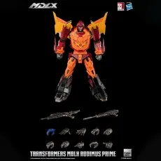 Threezero MDLX Rodimus Prime figure standing with all accessories including multiple hands and two guns shown below.