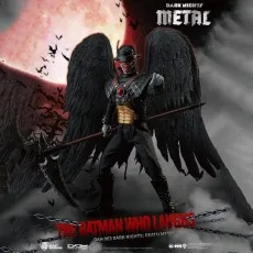 DAH-063 The Batman Who Laughs figure with large black wings and scythe, posed against a red sky with bats