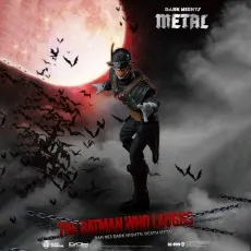 DAH-063 The Batman Who Laughs figure in a menacing pose against a red moon and a swarm of bats.