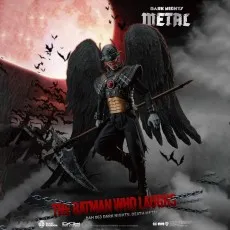 DAH-063 The Batman Who Laughs figure with large black wings, holding a massive scythe, against a red sky.