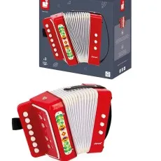Product shot of a Janod red and white toy accordion and its dark blue box with age 3+ rating