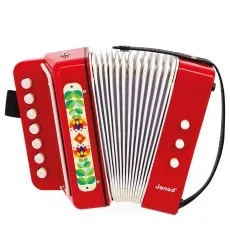 Red toy accordion by Janod, decorated with a colorful floral and geometric folk art design