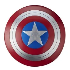 Front view of the Marvel Legends Captain America shield replica, red, white, and blue with a silver star.