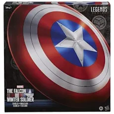 Life-size Captain America shield replica next to its packaging box, red, white, and blue design.