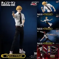 Threezero FigZero 16 Denji action figure standing with a peace sign, next to a collage of his other poses..