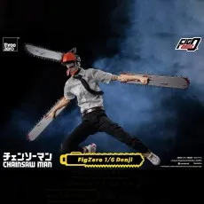 Chainsaw Man collectible figure, mid-transformation with chainsaws for a head and arms, leaping in combat.