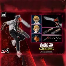 FigZero 16 Chainsaw Man (Denji) figure in a dynamic pose next to a graphic showing his included accessories.