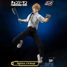 FigZero 16 Denji action figure from Chainsaw Man, dynamically posed mid-leap while holding an axe.