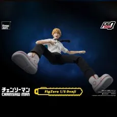 FigZero 16 Denji action figure from Chainsaw Man, floating with tongue out, showing off articulation.