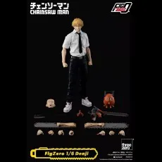 FigZero 16 Denji action figure in human form, displayed with all accessories, Pochita, and chainsaw parts.