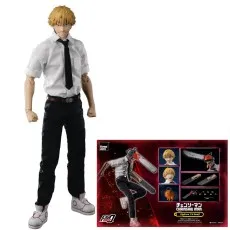 Threezero FigZero 16 scale Denji action figure in human form, with a display of the Chainsaw Man accessories.