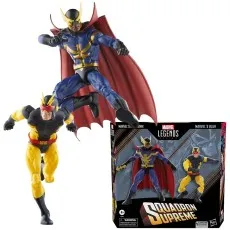 Marvel Legends Squadron Supreme two-pack featuring blue-and-gold Nighthawk leaping over yellow-and-black Blur, with box.