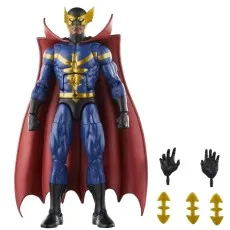 Full-body photo of Marvel's Nighthawk figure in a blue and gold suit with red cape, standing with included accessories.