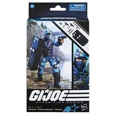 G.I. Joe Classified Series Jason Shockwave Faria figure in box, holding a pistol and black riot shield.