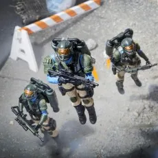 Three G.I. Joe Steel Corps Troopers in mid-air with active jetpacks and rifles, looking down in an urban setting.