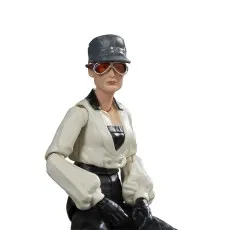 Close-up of the Indiana Jones Dr. Elsa Schneider figure head sculpt, wearing a cap and orange-tinted goggles.