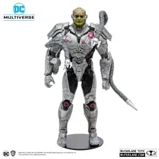 Full, straight-on view of the DC Multiverse Injustice 2 Brainiac figure on a black display stand.