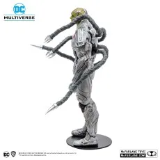 Side profile of the DC Multiverse Injustice 2 Brainiac action figure on a stand, showing the tentacles fully extended.