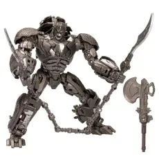 Detailed action figure of a dark gray robot with heavy armor, posed with dual curved blades.