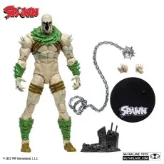 Spawn King Spider action figure with his accessories mace on a chain, alternate hands, base, and stand.