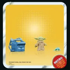 Grogu Retro Collection figure with backpack and frog, displayed on a yellow background with border.