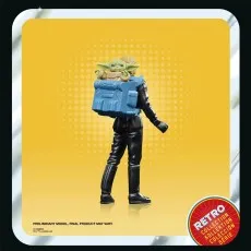 Star Wars Grogu figure riding on a black-suited figure's back in a blue backpack, on a yellow background.