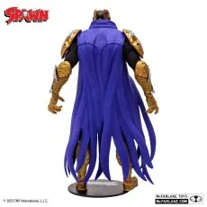 Back view of the Spawn Disruptor action figure on a stand, showing his blue tattered cape and gold armor.