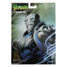 Back of the McFarlane Toys Spawn Disruptor figure box, with comic art of the armored character.