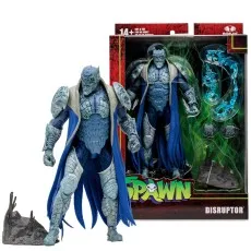 McFarlane Toys Spawn Disruptor action figure in blue, unboxed and posed, next to its packaging.