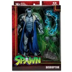 McFarlane Toys Disruptor (Spawn) figure in blue armor and shredded cloak, with base and box visible.