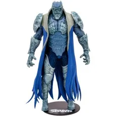 Spawn Disruptor action figure in blue armor and shredded cape, standing on a black display base.