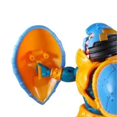 Close-up of the fully armored Man-At-Arms toy, with only his eyes visible over the shield.