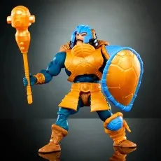Blue and orange armored Man-At-Arms toy posed, with a turtle shell shield covering his back.