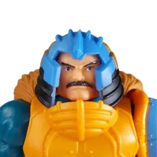 Close-up of the Man-At-Arms figure's head, showing his mustache and blue spiked helmet.