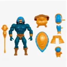 Turtles of Grayskull Man-At-Arms base figure with all his blue, orange, and gold accessories laid out.