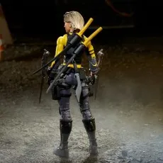 Back view of Agent Helix figure, showing the twin katanas and two sheathed knives on her back.