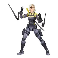 Front view of the G.I. Joe Agent Helix toy with blonde hair and tactical gear, plus gear.